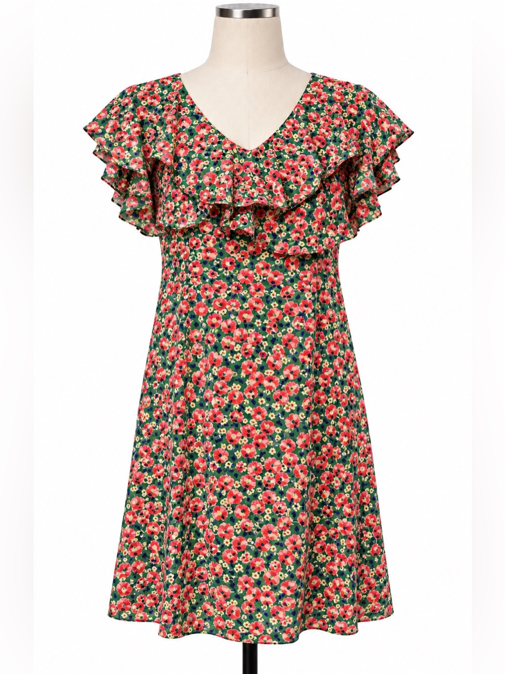 Molly Bracken Floral Dress Women’s Large Green Pink Ruffle NWT
